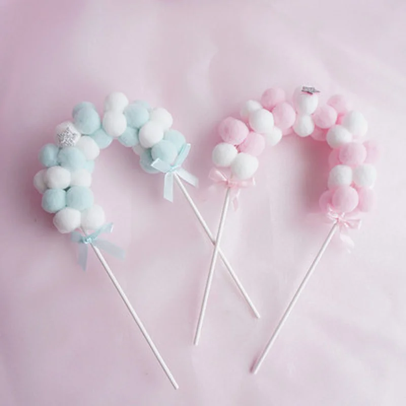 Hot Sale Pink Blue Soft Pompom Cloud Cake Topper Baby Shower Birthday DIY Top Flags Decoration Festival Party Supplies | Дом и сад