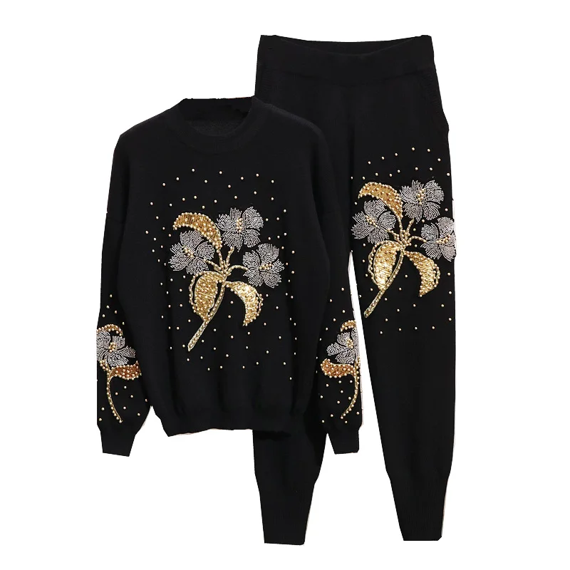 Autumn Winter 2 Piece Set Women 2020 Fashion Vintage Beaded Embroidery Flowers Knitted Sweater + Pants Tracksuit Women Set H556