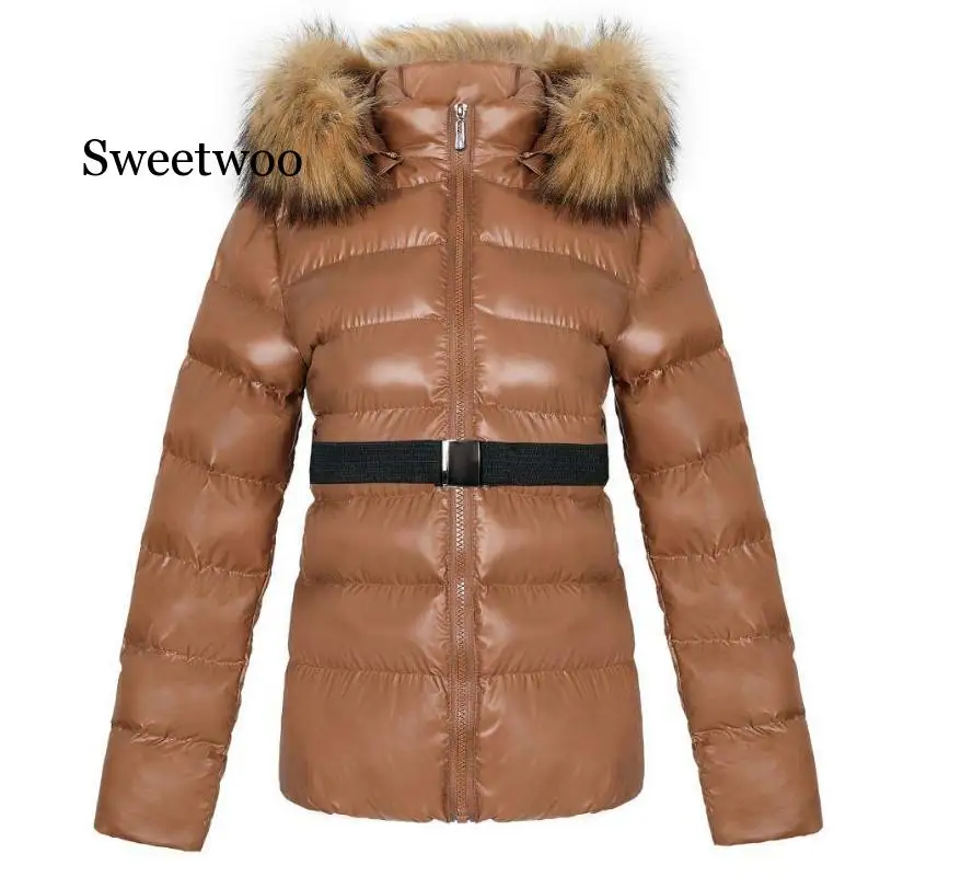 Women Outwear Jacket Winter Warm Coats Fur Collar Hooded Jacket Tops With Belt Fashion Soft Parka