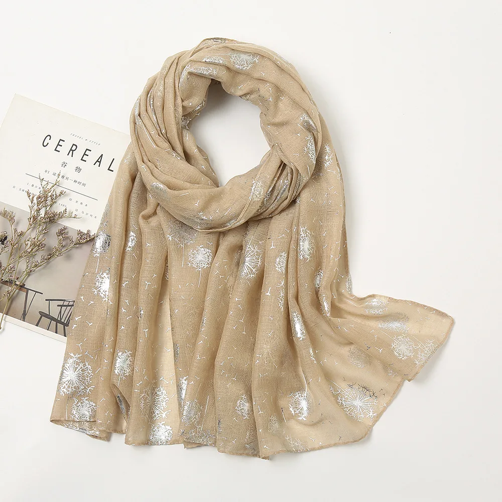 Весенний шарф с принтом одуванчика из серебристой фольги шали Длинный мягкий