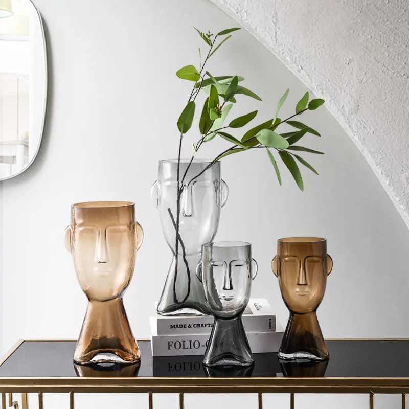 

Nordic Style Transparent Glass Face Vase Decoration Accessories Modern Luxury Art Large Vase Living Room Decoration Household