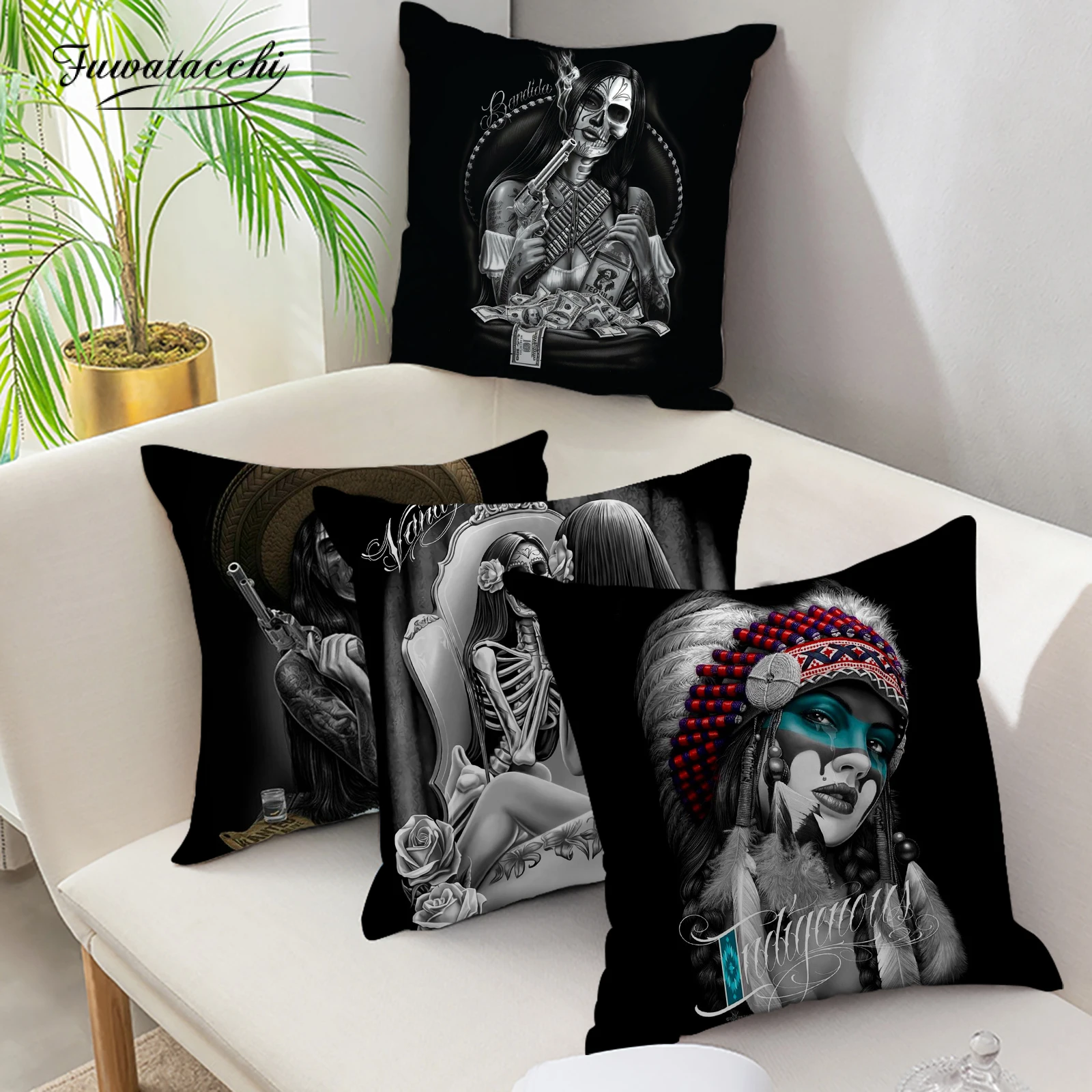 

Fuwatacchi Cushion Cover 45X45cm Home Decoration Sofa Black Pillowcase Gothic Style Print Throw Pillow Cover For Chair Car Decor