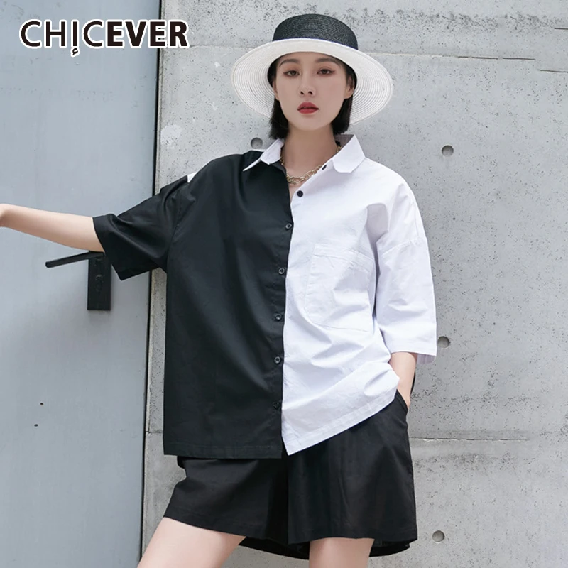 

CHICEVER прямые Лоскутные цветные рубашки для женщин с отворотом и коротким рукавом Свободные уличные блузки для женщин 2021 одежда