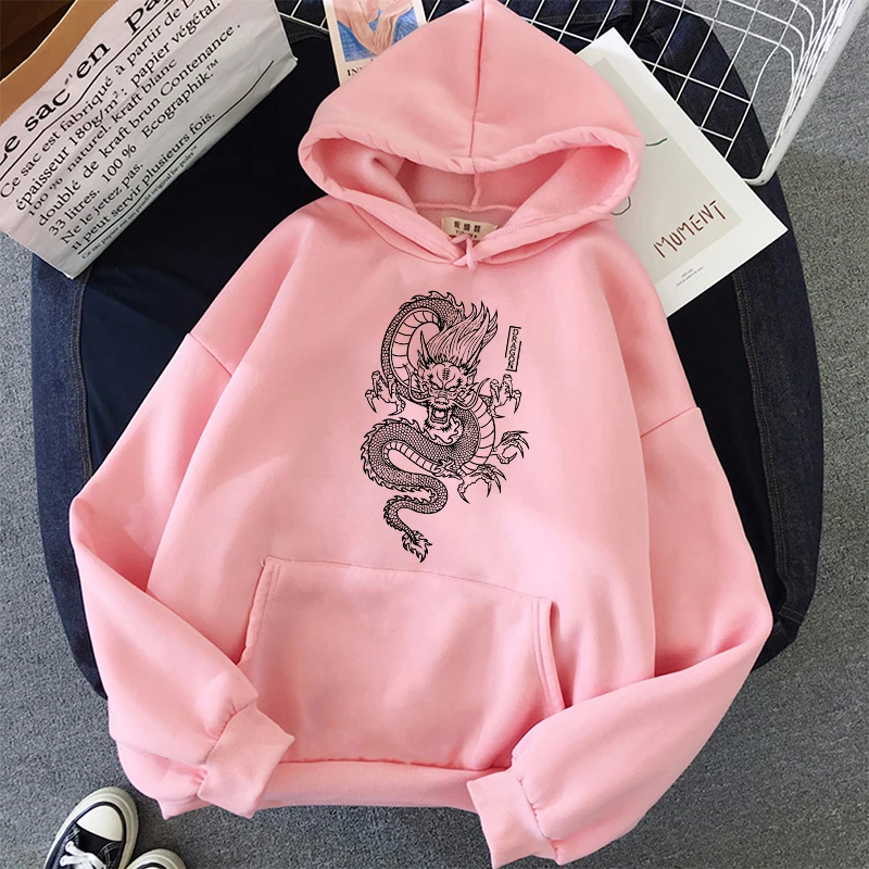 

Streetwear hoodie vintage women Chinese dragon print hooded sweatshirt winter new Oversize loose women's Harajuku hip hop hoodie