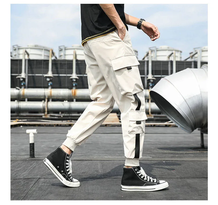 

Men's Side Pockets Cargo Harem Pants New Ribbons Black Hip Hop Casual Male Joggers Trousers Fashion Casual Streetwear Pants