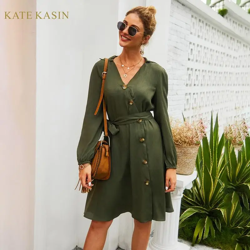 Kate Kasin офисное женское платье-рубашка с длинным рукавом длиной до колена