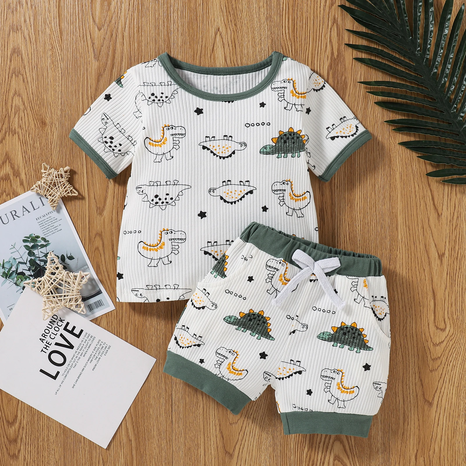 

Children Girl Boys Unisex Dinosaur Print Clothes Set, Short Sleeve O-neck Ribbed T-shirt + Elastic Waist Shorts with Bow-knot