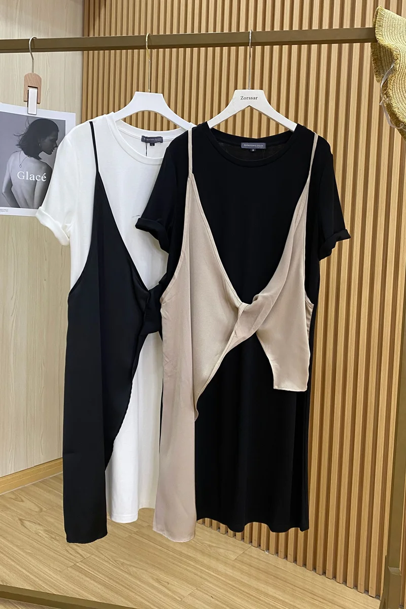 

Stitching Fake Two Piece Round Neck Dress Women's Irregular Bow Suspenders Dress 2021 Summer Female Casual Loose Dress