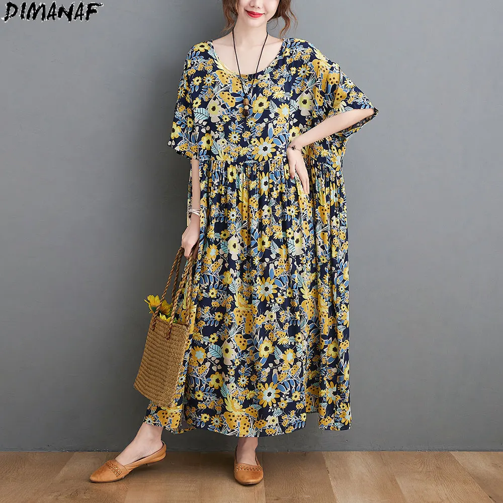 

DIMANAF 2021 Summer Dress Women Clothing Prairie Chic Oversize Dress Flowers Print Lady Sundress Holiday Beach Cotton Long Dress