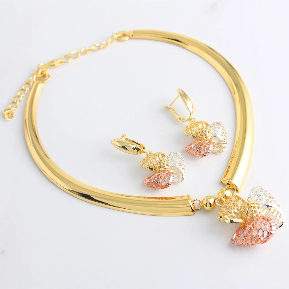 

2022 Fashion Jewelry Set for Women Gold Plated Bowknot Neck Ring Earrings Wedding Party Anniversary Romantic Bridal Jewelry