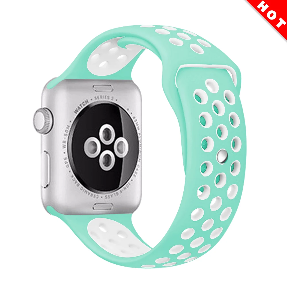 Mint green white Эластичный дышащий силиконовый спортивный ремешок для apple watch 42 мм, 38 мм, Версия 44 мм 40 мм браслет на запястье, apple серии 5/4/3/2/1 Универсальный - Цвет ремешка: Mint green white