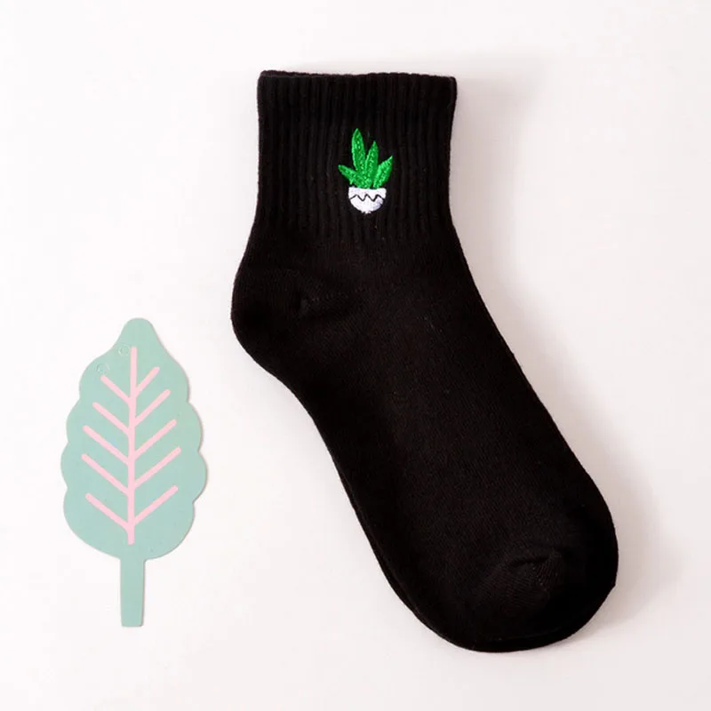 Black Potted plants Женские белые милые носки в стиле Харадзюку, женские короткие носки, хипстер, скейтборд, по щиколотку, забавные носки, вышивка, кокс, девушка, убийца, кактус, любовь - Цвет: Black Potted plants