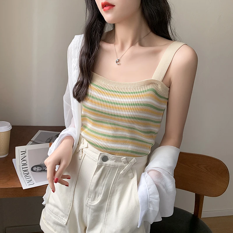 

Rainbow Stripes Knitted Sexy Halter Bustier Crop Tank Tops For Woman Clothing Women'S T-Shirt Tube Top Summer 2021