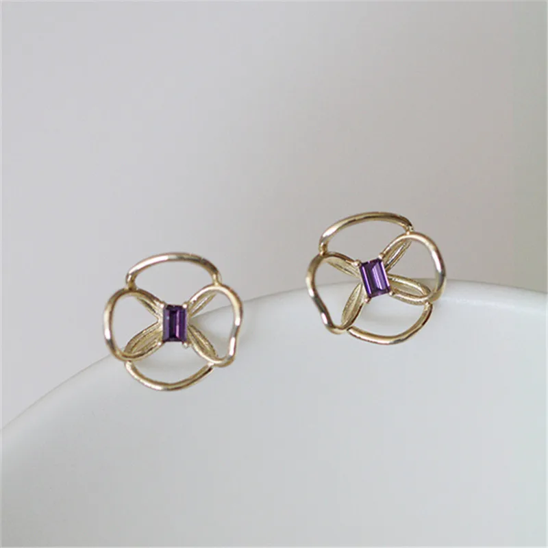 

925 Sterling Silver 14k Gold Plating Hollow Flower Stud Earrings for Women Korean Style Purple Mini Rectangle Zircon Cute Studs