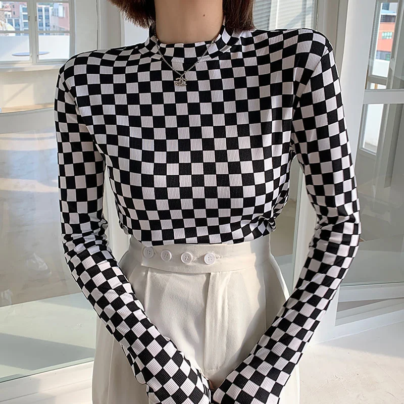 Черно-белая клетчатая женская футболка с длинным рукавом Новинка осени 2021