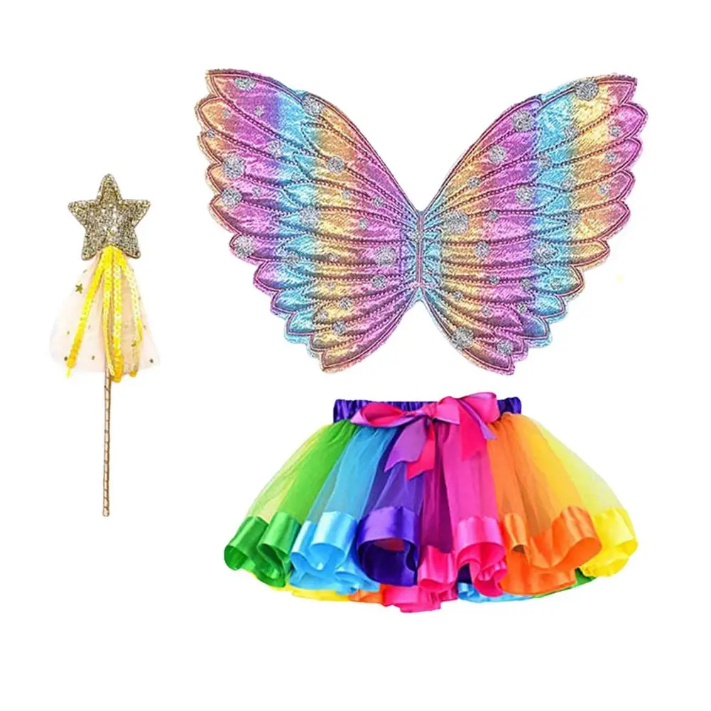 

3 Pcs Fairy Princess Costume For Girls Fairy Wings Set With Butterfly Wings Tutu Wand Dress Up For Birthday Halloween Christma
