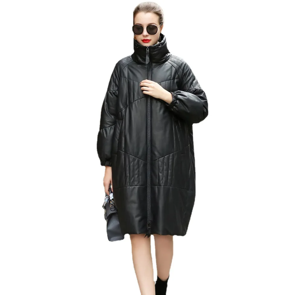 Leather Down Jacket Women's Winter Sheepskin Silhouette Long Thickened Loose Coat Lapel Warm Genuine Leather Tops