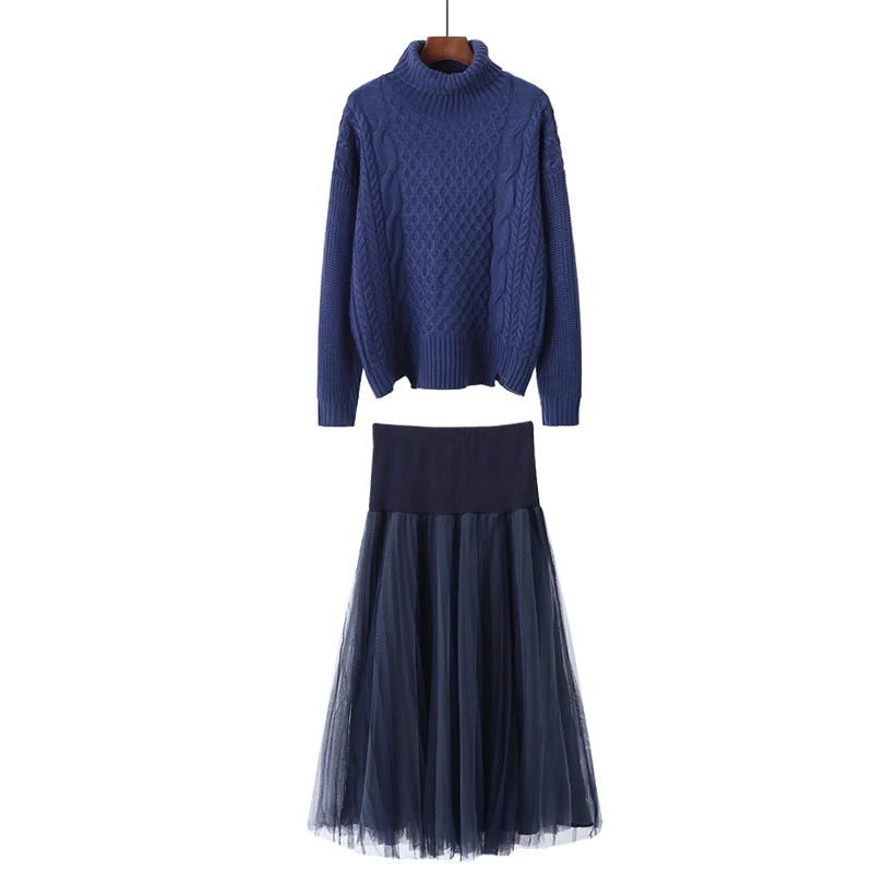 Женский комплект осень зима размера плюс 5XL юбка костюм водолазка вязаный свитер