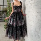 Блестящее цветное черное платье на бретельках, платье миди до щиколотки, многослойвечерние нее платье, коктейльное платье с блестками для женщин, ночные платья