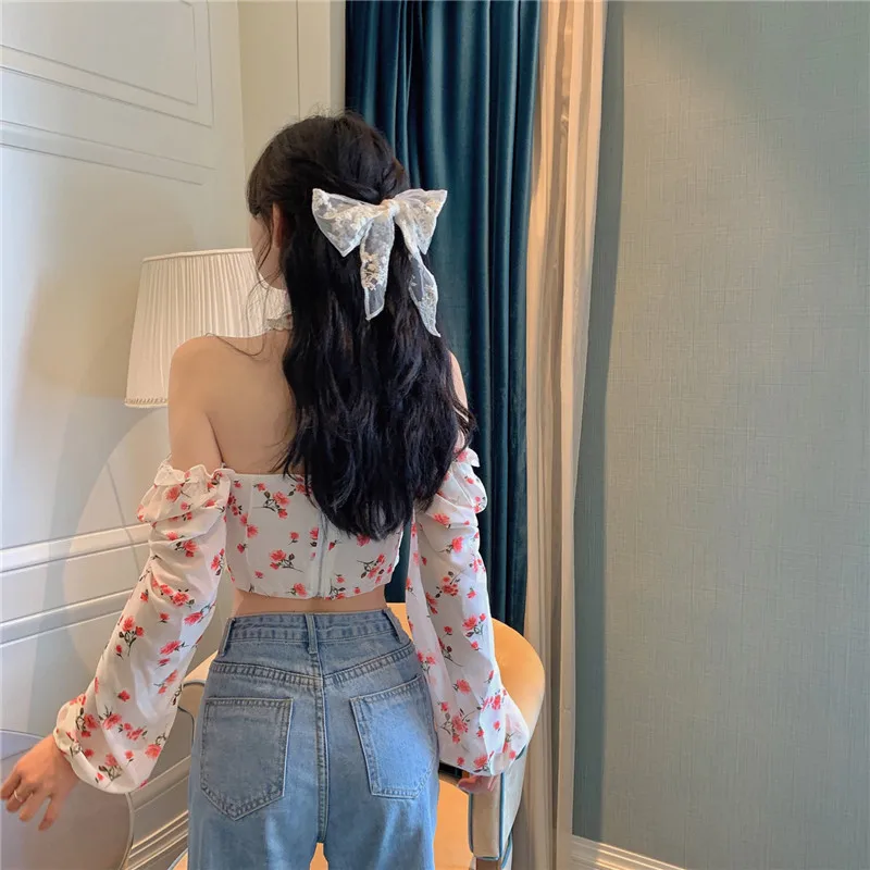 

Off Shoulder Sexy Style Club Print Halter Women's Clothing Crop Top Long Sleeve Slim Ladies Blouses Chiffon Shirts New Summer