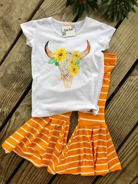 Комплект одежды для маленьких девочек из коровьей и полосатой оранжевой ткани
