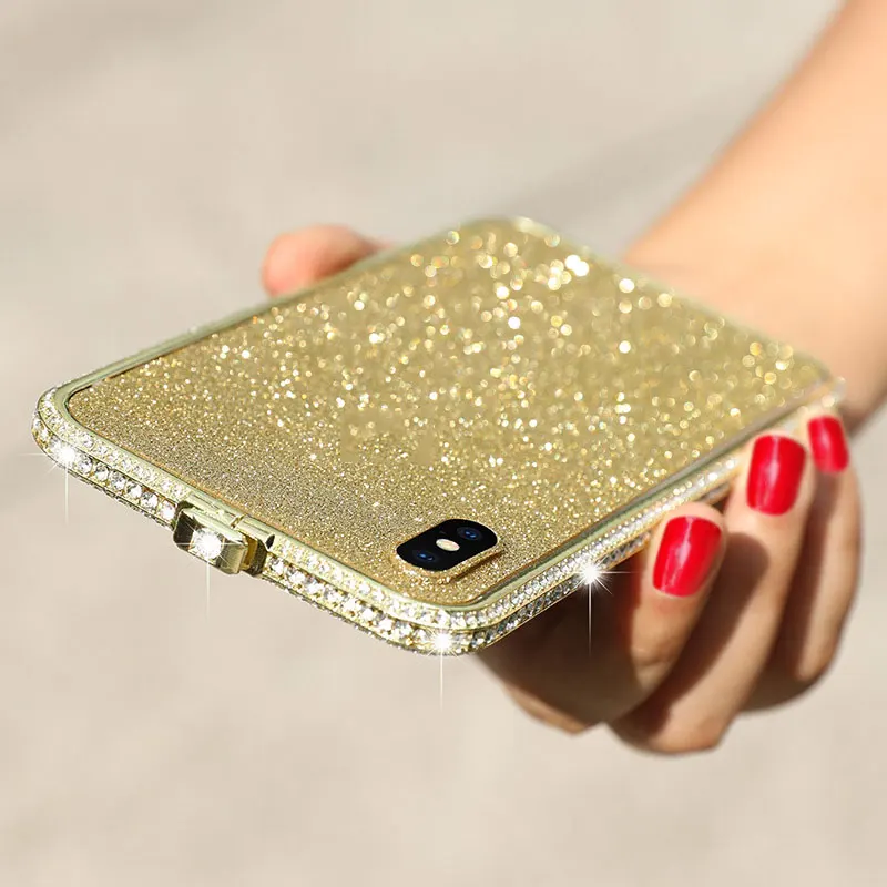Gold Блестящие стразы с алюминиевой рамкой для iPhone X XS Max XR 8 7 6 6S Plus чехол-бампер с алмазами с задней передней пленкой - Цвет: Gold