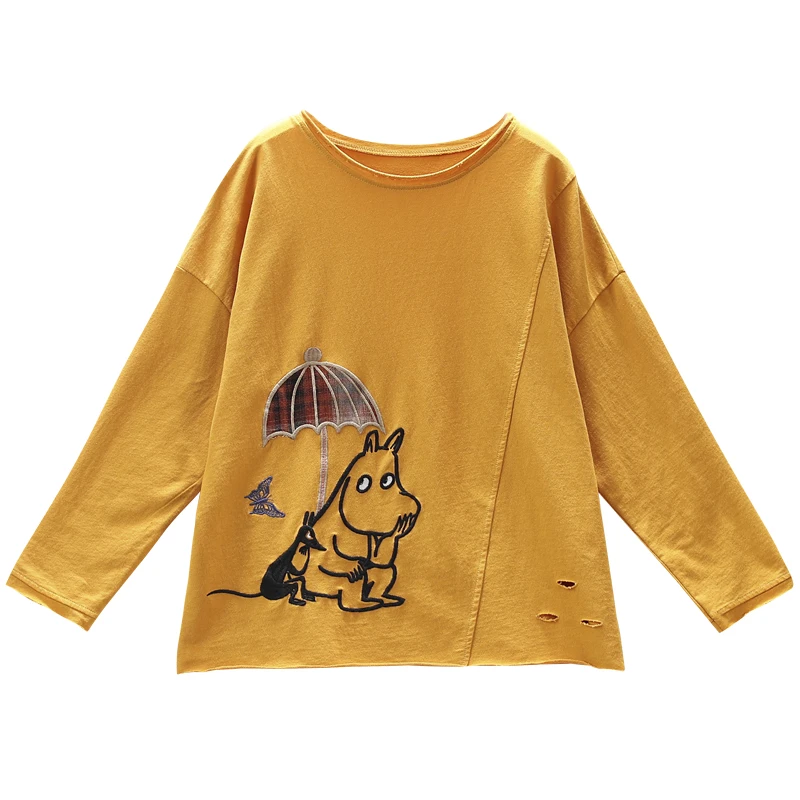 

O-neck Long Sleeve T-shirt Women Spring Fashion Vintage Style Female Casual Loose Tee Tshirts Cartoon Dog Embroidery Patchwork