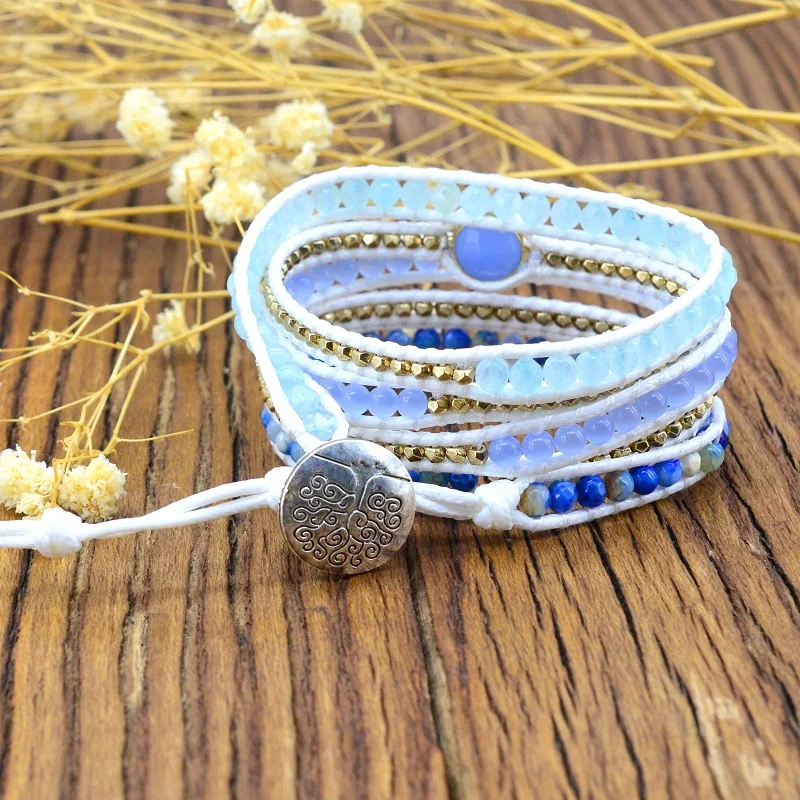 Boho Аквамариновый браслет Non кожаный винтажный Натуральный камень 5 кабель