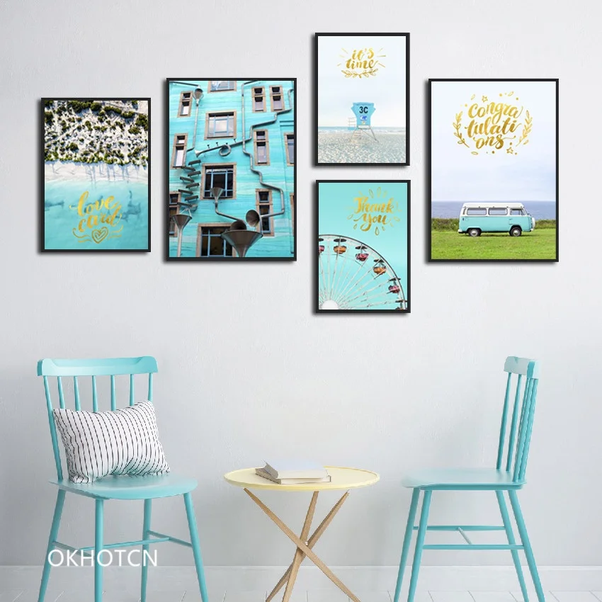 

Nordic Blue Light Luxury Landscape Combination Decorative Painting Gallery Modern Simple English Alphabet Picture Wall Art Home
