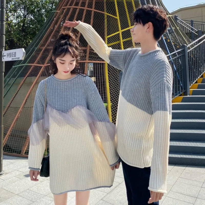 

Japan Style Mens Knitting Pullovers O-Neck Loose Fit Long Sleeve Patchwork Casual Sweater Tops Fashion Lovers Autumn Sweaters
