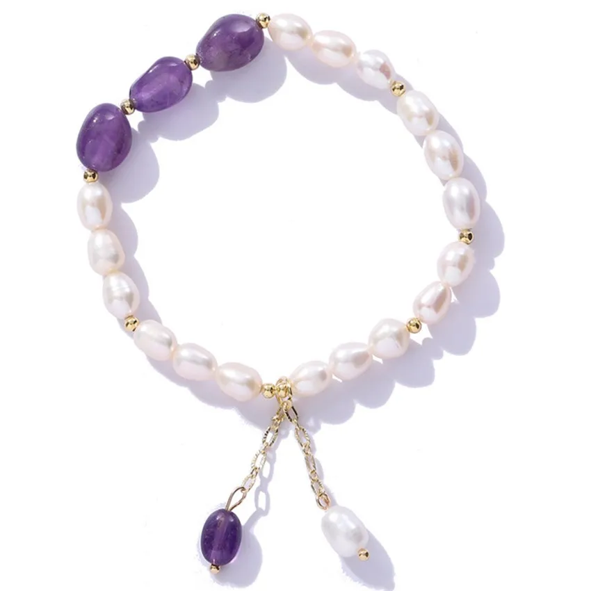 

FYJS Unique Light Yellow Gold Color Imitation Pearl Link Chain Bracelet Irregular Shape Amethysts Crystal Jewelry