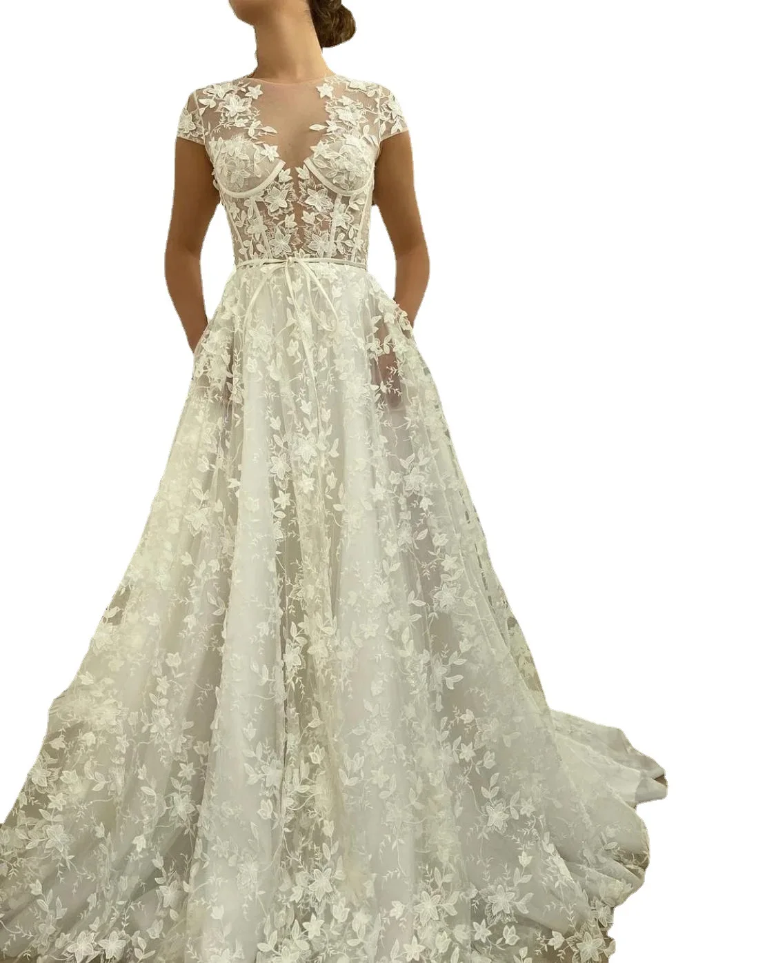 

2021 New white Lace Wedding Dress V-Neck Short Sleev robe Sleeveless Backless Bridal Low Gown Low Chest