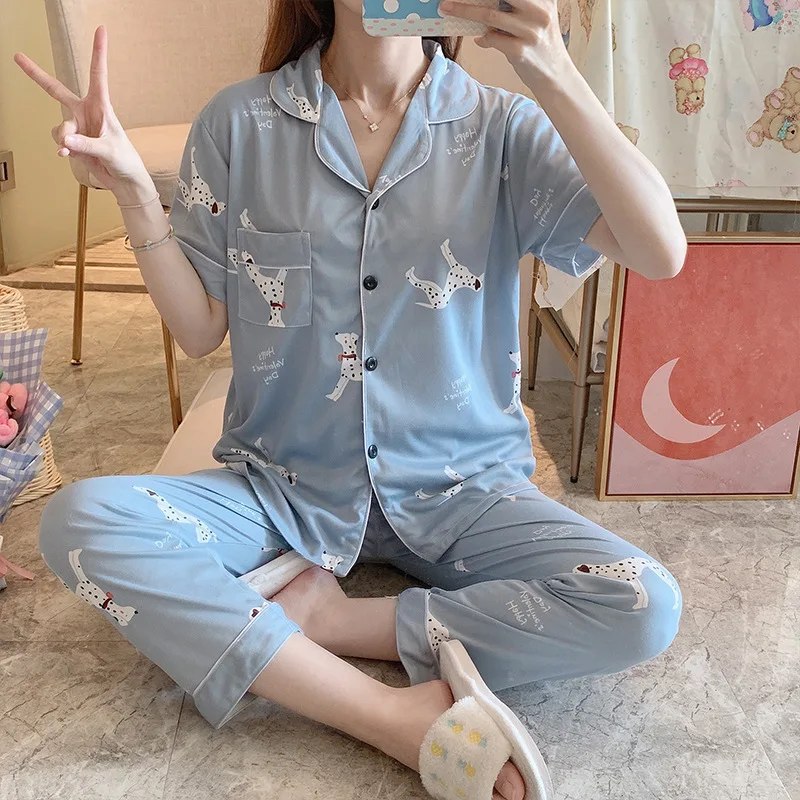 Pajamas women's summer new cartoon leisure short sleeve pants thin Korean version lovely loose large size home suit sleepwear