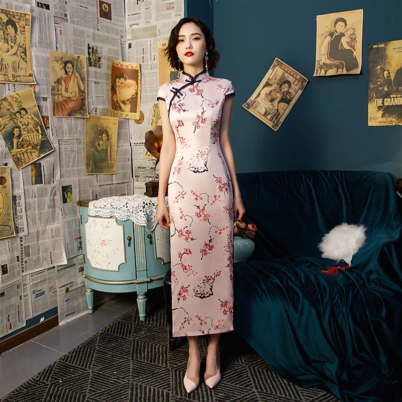 SHENG COCO женские сексуальные розовые цветы длинные Qipao национальные китайские платья свадебные Плюс размерное Ципао тонкий розовый шелк Qipao 4XL