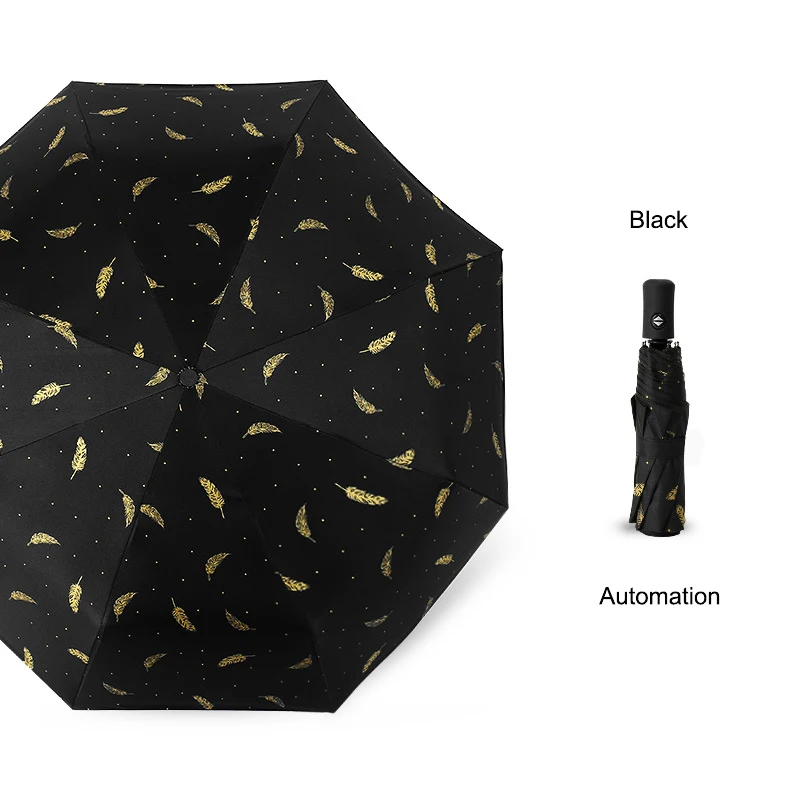 Automatic Black LIKE RAIN складные мини-зонтики для дождя, женский маленький зонт, детский зонт для девочки, креативный Карманный Зонт с принтом перьев, UBY04 - Цвет: Automatic Black