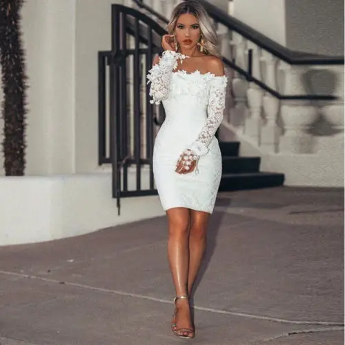 

Ladies Sexy White Lace Dress Long Sleeve Women Dress Bodycon Off Shoulder Lace Wedding Party Clubwear Evening Short Mini Dress