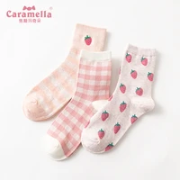 3pairs caramella embroidery cute jacquard strawberry pattern women korean sweet fresh socks funny girls socks kawaii sokken