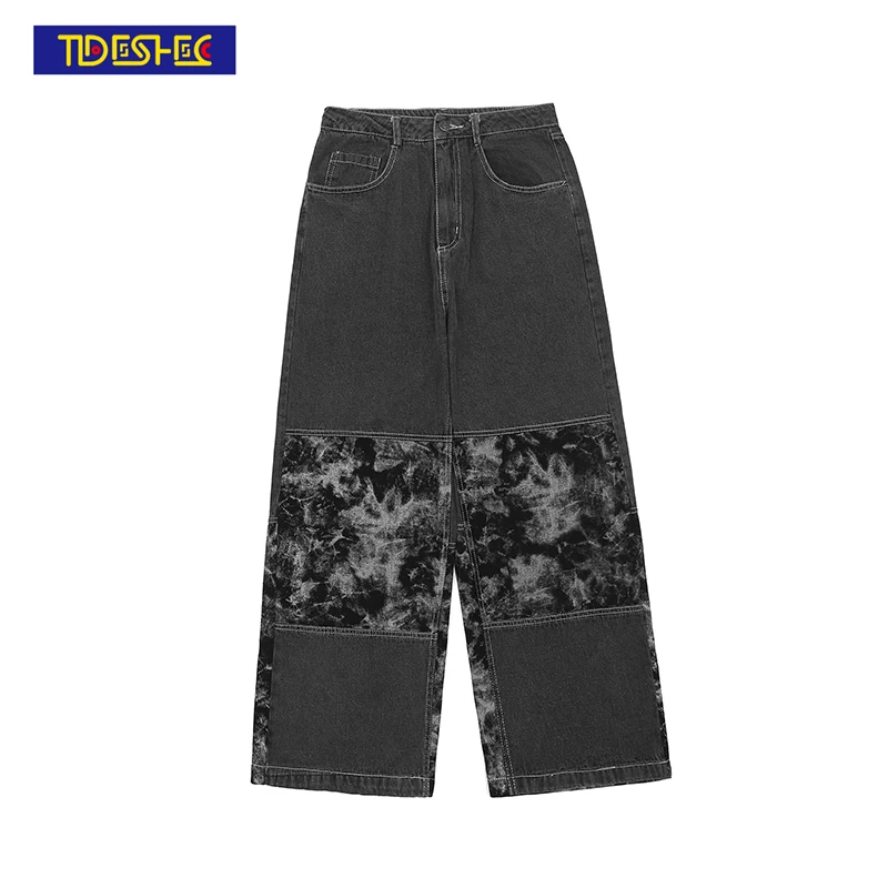 

Hip Hop Stitching Jeans Tie Dyed Pants Black Baggy Jeans Denim Streetwear High Street Straight Trousers Denim Trousers for Men