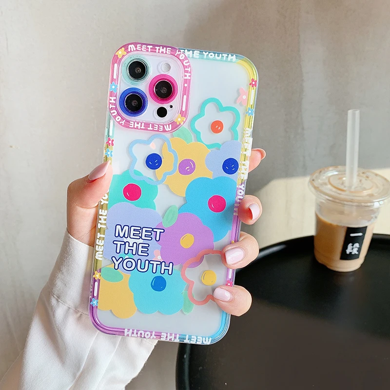 Cute Colorful Flowers Smile Clear Phone Case For iPhone 14 Pro Max 13 12 11 X XS XR 7 8 Plus Transparent Soft Shockproof Cover