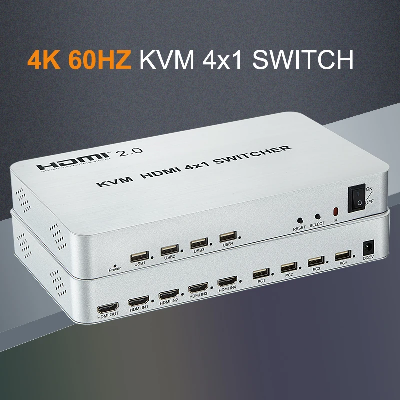

4K 60 Гц 4x1 HDMI 2,0 KVM переключатель аудио видео конвертер подходит для USB клавиатуры мыши Share 4 ноутбука ПК переключатель компьютера на ТВ монитор