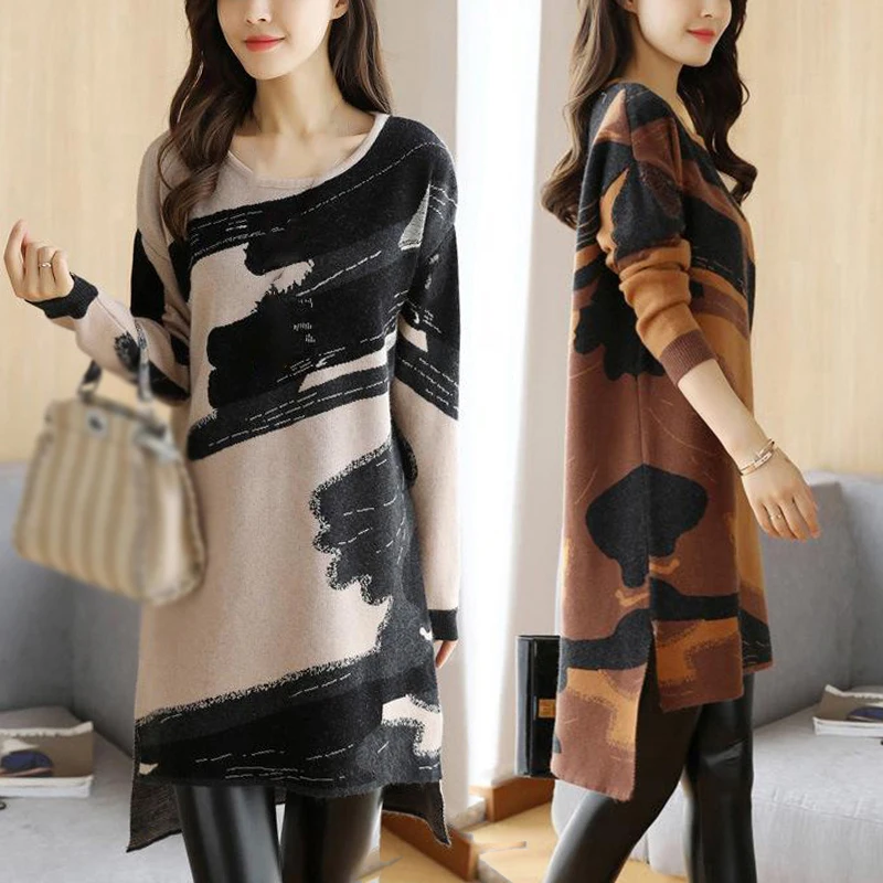 Повседневные свободные прямого кроя женское платье с круглым вырезом и принтом