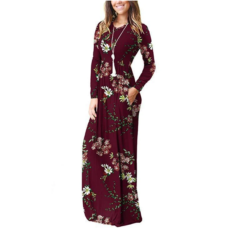 

Retro Spring and Autumn Ethnic Style High Waist Long Skirt Bohemian O-neck Long-sleeved Floral Dress Ankle-Length Vestidos