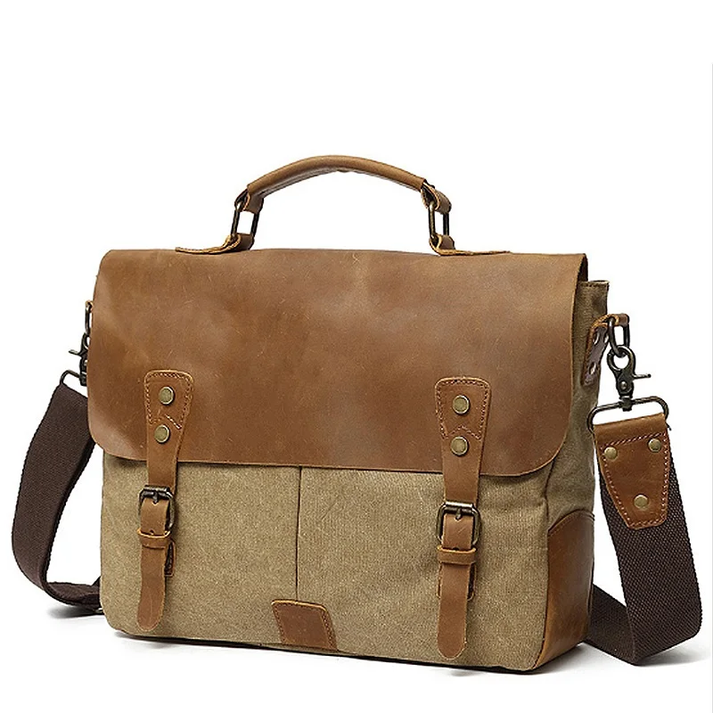 Vintage Men's Canvas +Genuine Leather Shoulder Bag Male Messenger Bag Computer Bag Official Knight Motorcycle Bag Travel Handbag