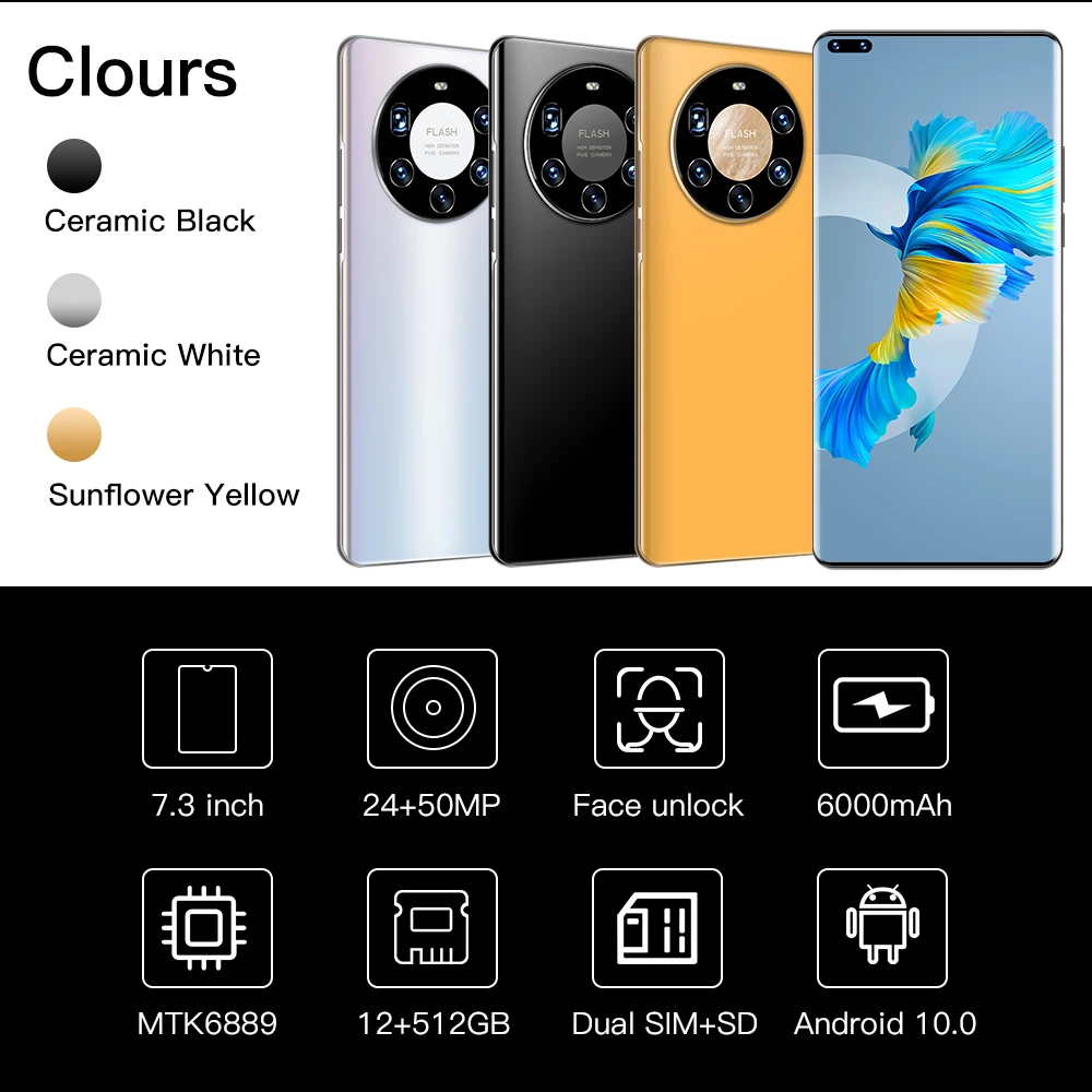 

New Global Version HuaWe Mate40 Pro+ Smartphone 12+512GB Dual SIM 7.3'' Screen 6000mAh Massive Battery Cellphone 24+50MP Camera