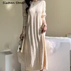 Корейский модный шикарный осенне-зимний вязаный свободный утепленный шерстяной свитер с круглым вырезом вязаные платья макси для женщин элегантные винтажные 2021