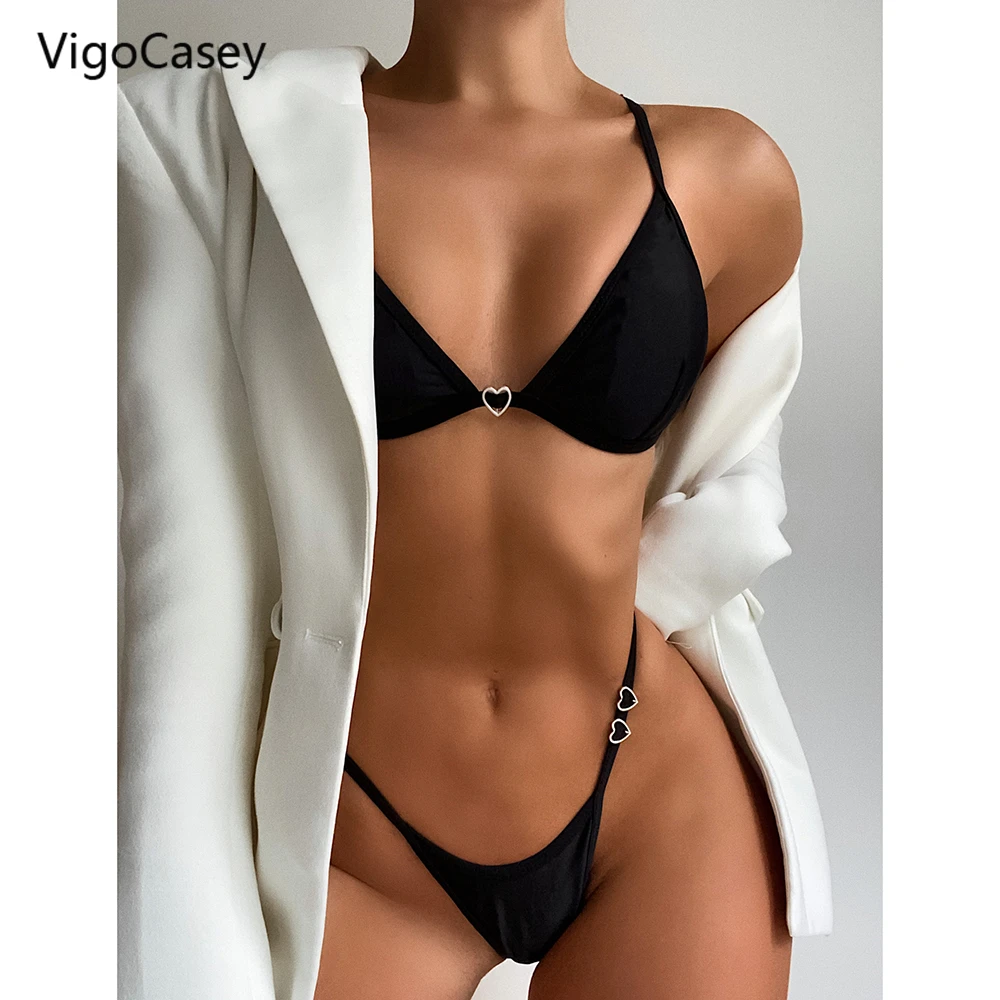 

VigoCasey Heart Ring Swimwear Women's Sexy Thong Bikini Set 2021 Push Up Swimsuit Female Brazilian Solid Biquini Bathing Suits