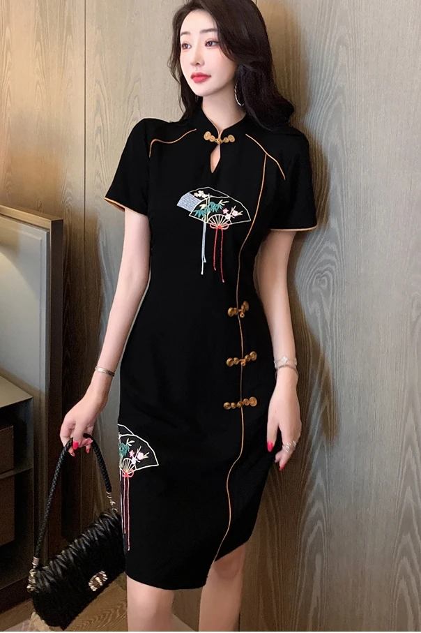 

COIGARSAM 3XL Plus Size Cheongsam Women dress New Summer Fashion Vintage High Waist Dresses Black 6887