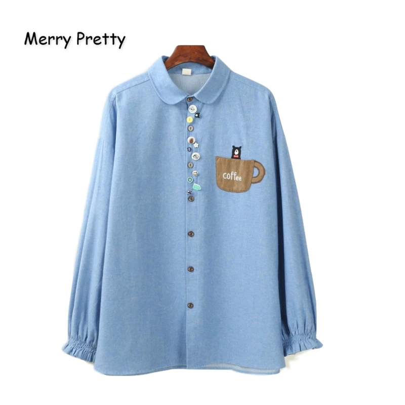 

Женская бархатная блузка Merry Pretty, теплая Повседневная Блузка с длинным рукавом и отложным воротником, с мультяшной вышивкой, зима 2020