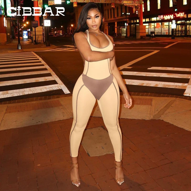 

CIBBAR Casual Patchwork Halter Jumpsuit For Women Summer Sleeveless Sexy Low Chest Bodysuit Sportwear Overalls Rework Clubwear