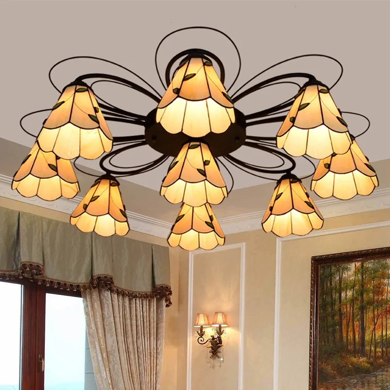 

American-Style Simple Mediterranean Creative Tiffany Colored Glass Living Room Dining Room Bedroom Ceiling Lamp